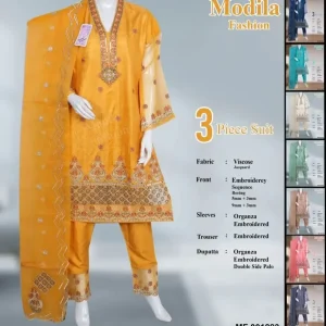 Elegant Mustard Viscose 3-Piece Embroidered Suit with Organza Dupatta