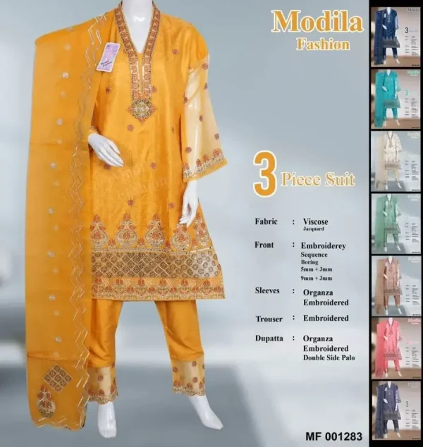 Elegant Mustard Viscose 3-Piece Embroidered Suit with Organza Dupatta