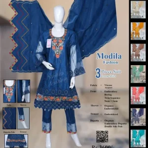 Luxury 3-Piece Embroidered Viscose Suit – Long Shirt with Organza Dupatta