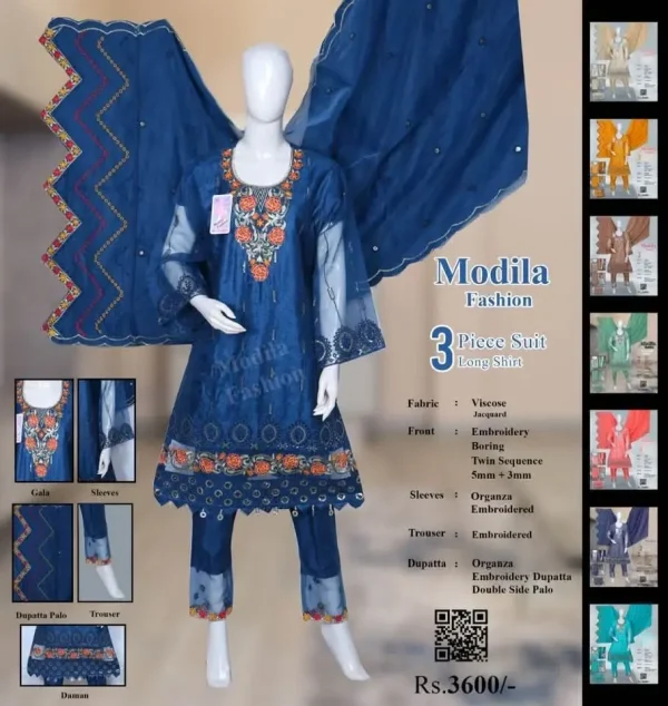 Luxury 3-Piece Embroidered Viscose Suit – Long Shirt with Organza Dupatta