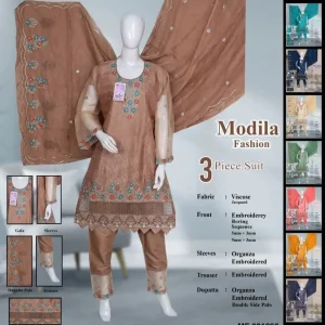 Viscose 3-Piece Embroidered Suit with Organza Dupatta & Sleeves