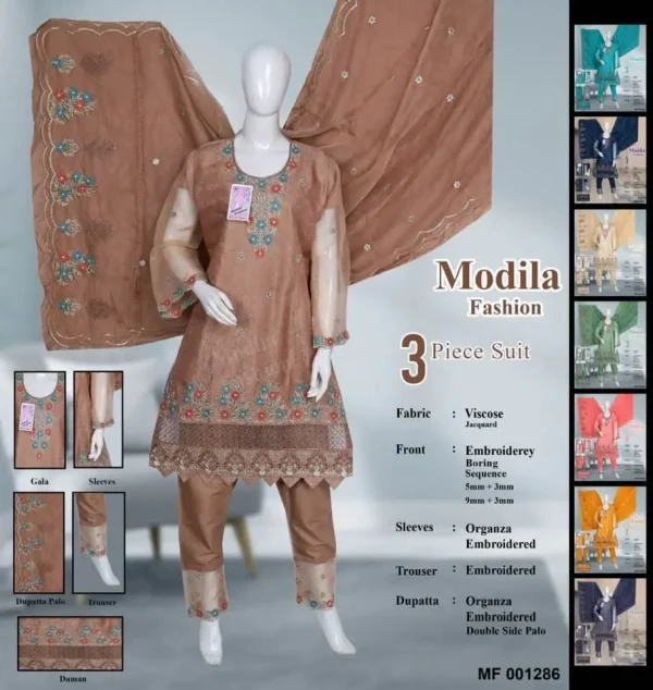 Viscose 3-Piece Embroidered Suit with Organza Dupatta & Sleeves