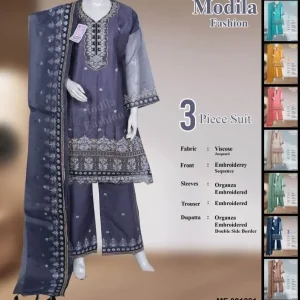 Viscose 3-Piece Embroidered Suit with Organza Dupatta & Sleeves