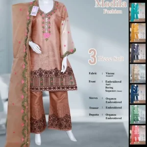 Viscose 3 Piece Embroidered Suit with Organza Dupatta & Sleeves
