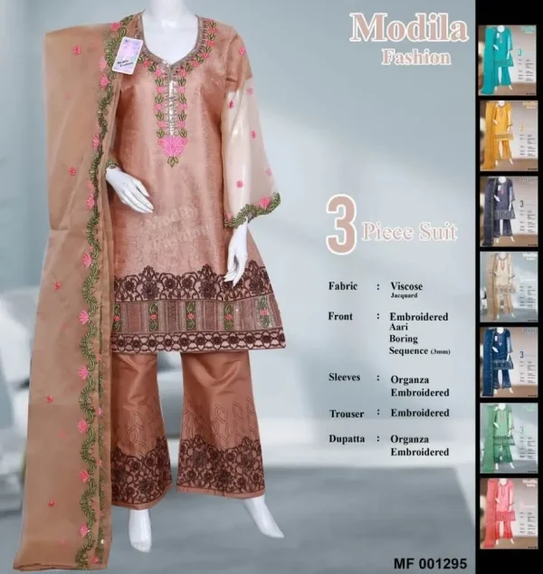 Viscose 3 Piece Embroidered Suit with Organza Dupatta & Sleeves